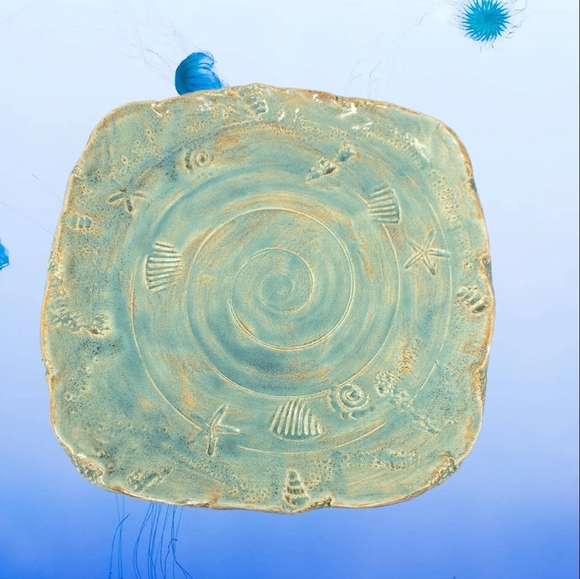 Coastal Ceramic Art Piece Plate in Teal and Tan Stamped Starfish & Sea Shells - Picture 1 of 11